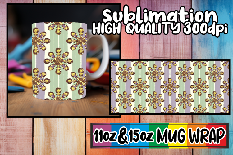 Glowing hearts 11oz 15oz mug wrap, Gold Flower