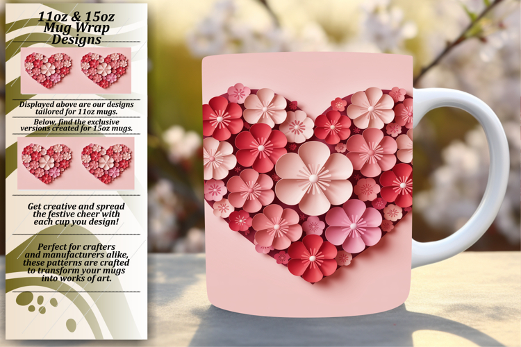 Classy Png Mug Wrap Design 15oz , Flowers Heart