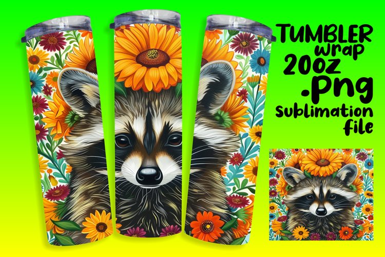 Raccoon with Flowers Sublimation Design for 20oz Tumblers