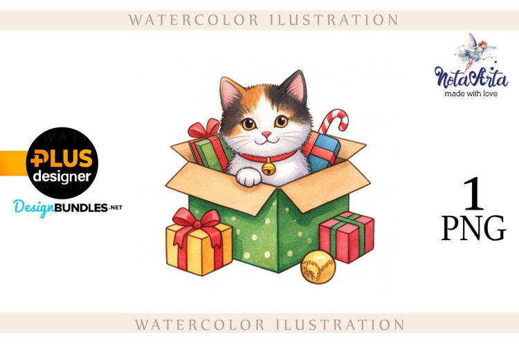 Christmas Kitten in Watercolor Style