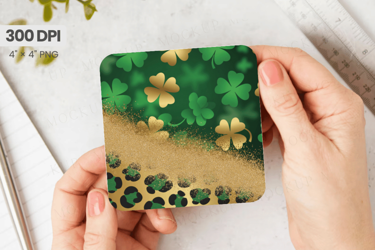Shamrock and Gold Texture Square Coaster PNG Sublimation Des
