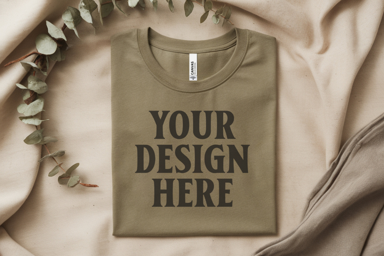 Heather Olive Bella Canvas 3001 Flat Lay T-Shirt Mockup