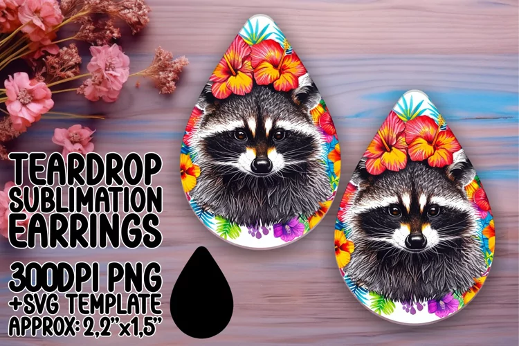 Teardrop Earrings: Joyful Raccoon & Blooming Flowers