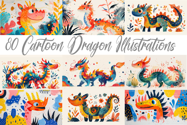 80 Cartoon Dragon Illustrations for Children JPG