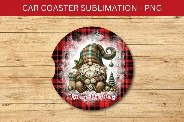 rounded car coaster - plaid gnome
