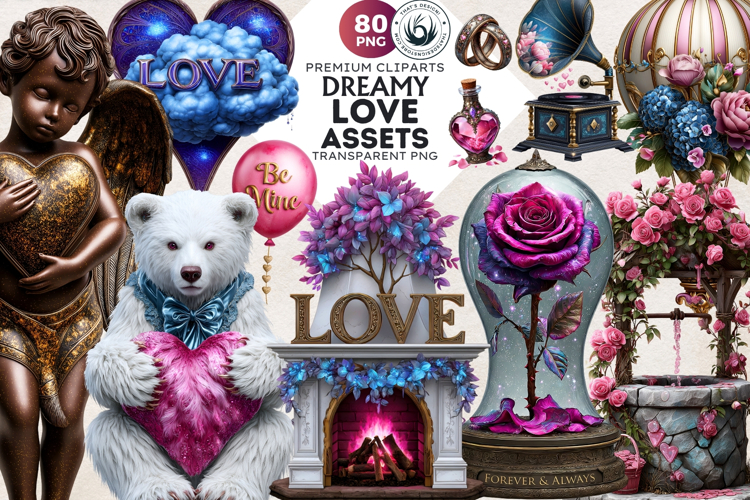Dreamy Love Assets And Vintage Valentine Graphics Set