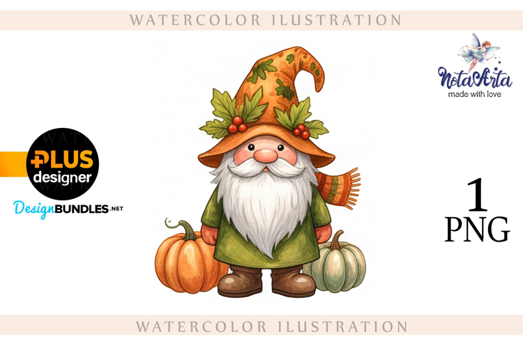 Gnomes with Pumpkin Harvest in Watercolor Style