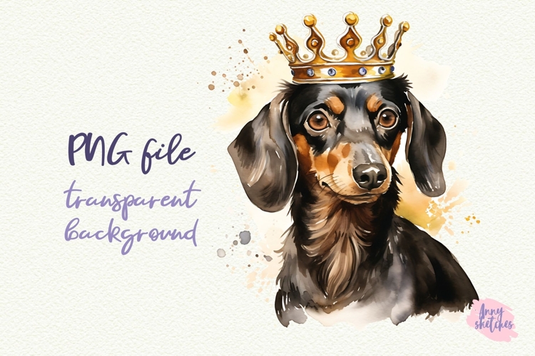 Dachshund in Crown Watercolor Clipart PNG