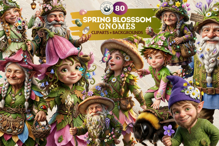 Spring Blossom Gnomes Cliparts and Backgrounds for DIY