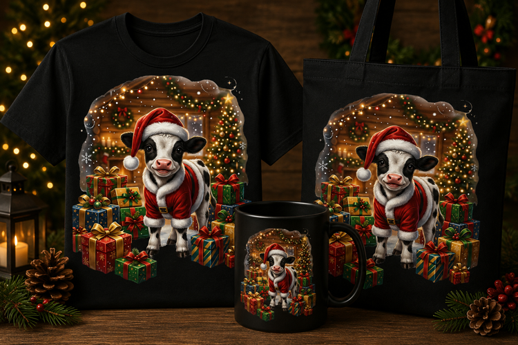 Cute Christmas Calf PNG Santa Outfit Holiday Gift Clipart