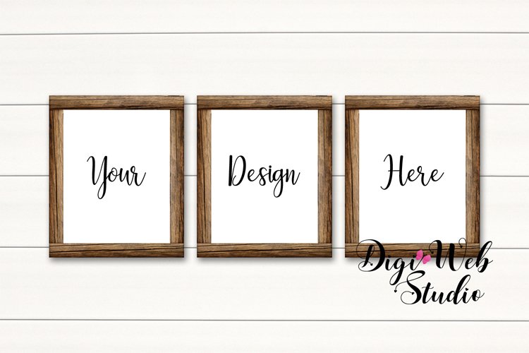 3 Wood Signs Mockup - Set of 3 Wood Frames on White Shiplap example image 1