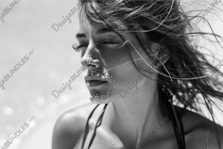 Close-up of a young woman's face with windswept hair, black example image 1