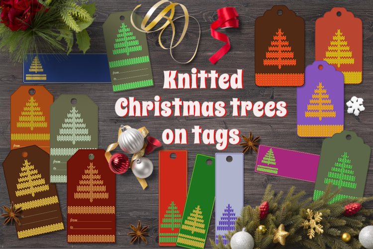 Christmas labels with knitted fir trees example image 1