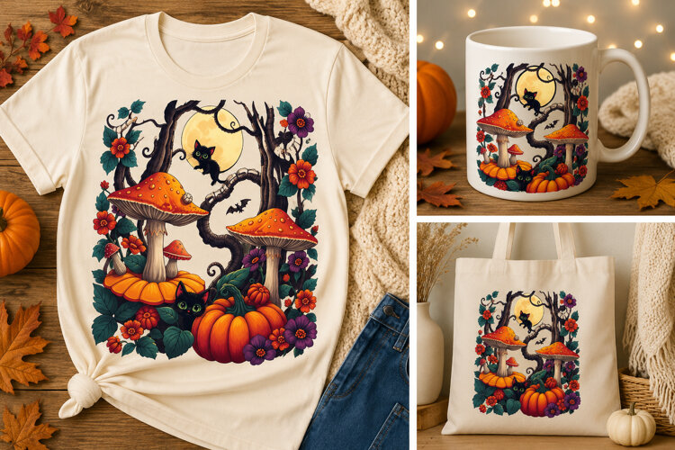 Halloween Mushroom Cat PNG | Spooky Pumpkin Forest Design example image 1