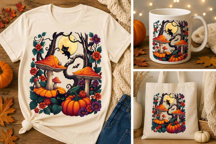Halloween Mushroom Cat PNG | Spooky Pumpkin Forest Design