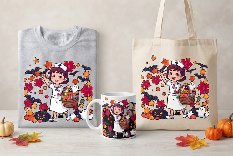 Halloween Nurse PNG | Cute Nurse with Pumpkins & Ghosts