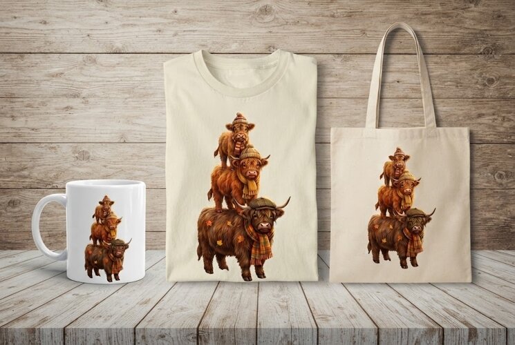 Stacked Highland Cows Winter Scarves Fall Art example image 1