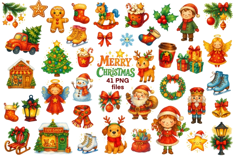 Christmas watercolor clipart bundle. Old Christmas PNG set