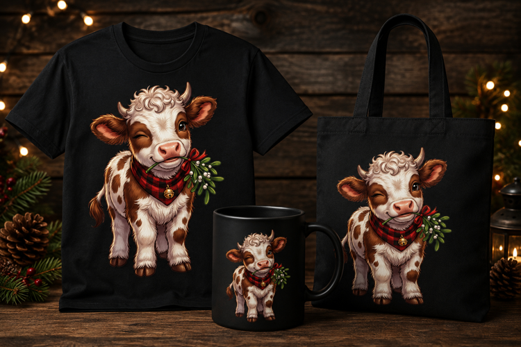 Cute Christmas Calf PNG with Mistletoe & Buffalo Plaid Scarf