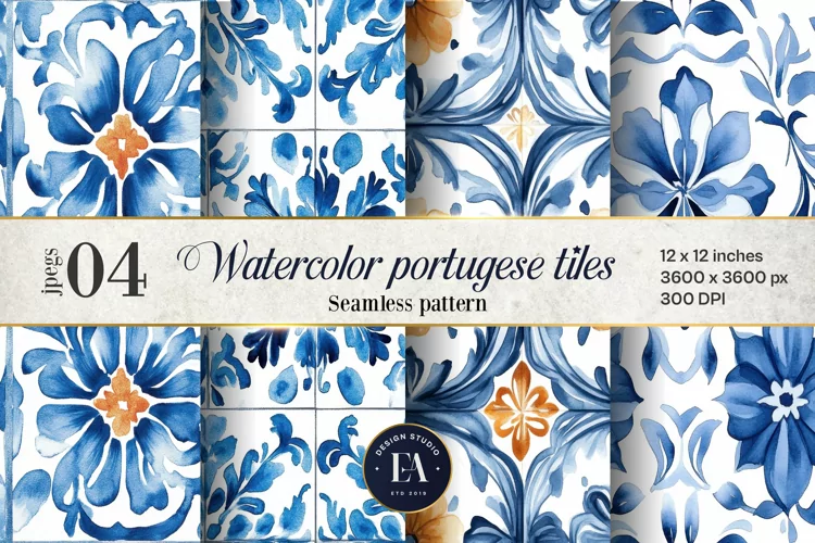 Portuguese Watercolor Tile Pattern, Blue and white tiles