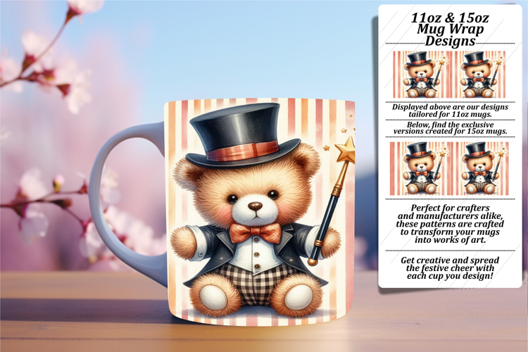 Charming 15oz Mug Wrap Png Design , Teddy Bear