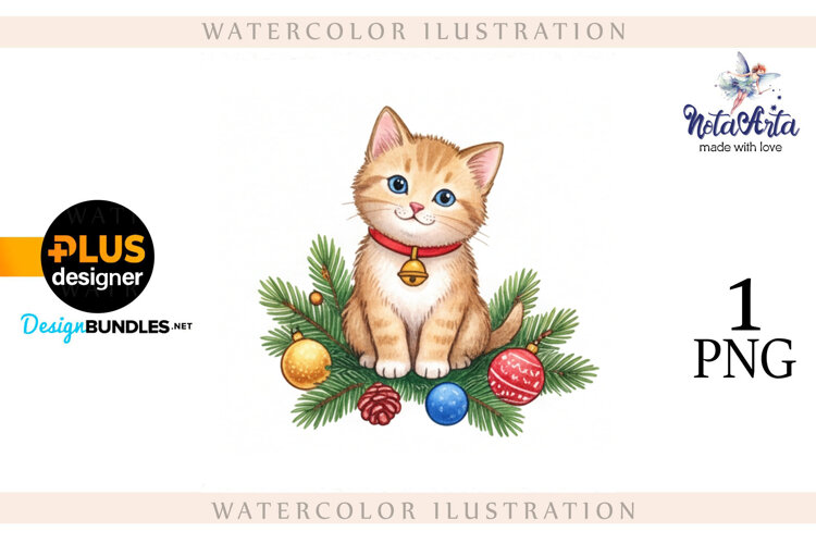 Christmas Kitten in Watercolor Style example image 1