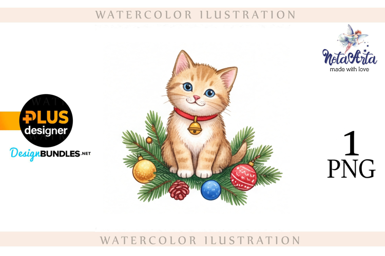 Christmas Kitten in Watercolor Style