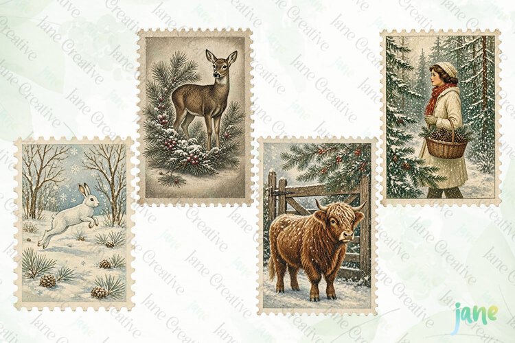 Vintage Winter Postage Stamp Clipart example image 1
