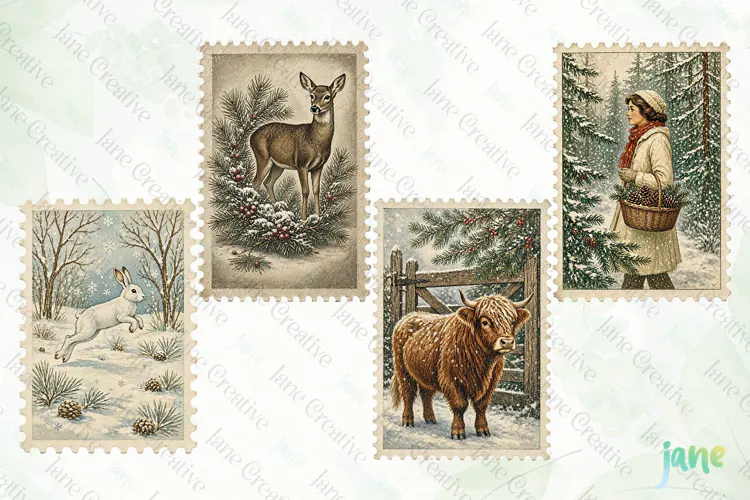 Vintage Winter Postage Stamp Clipart