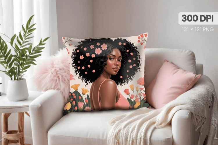 Afro Girl /Woman braided hair Pillow Design, Black Queen PNG