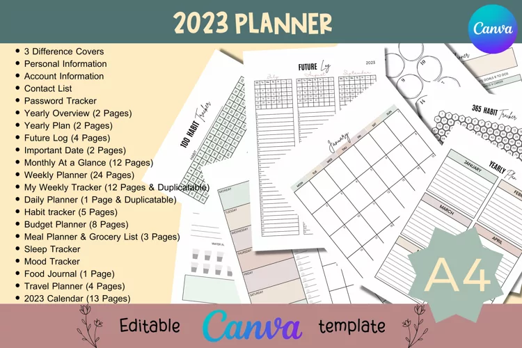2023 Yearly, Monthly, Weekly, Daily Planner | Canva Template