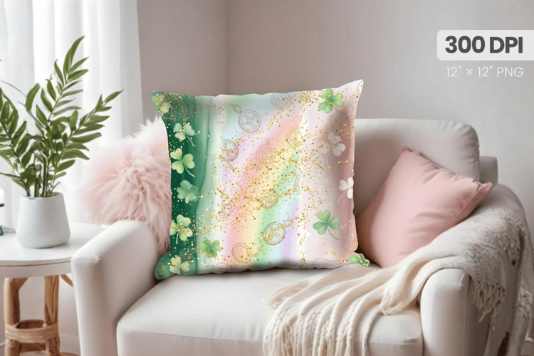 Pastel Rainbow Shamrock Glitter Pillow PNG Sublimation Desig