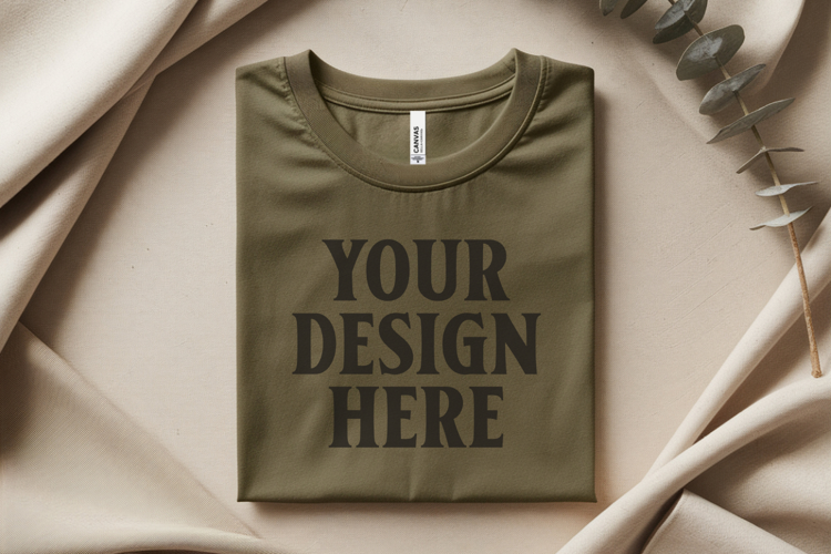 Heather Olive Bella Canvas 3001 Flat Lay T-Shirt Mockup