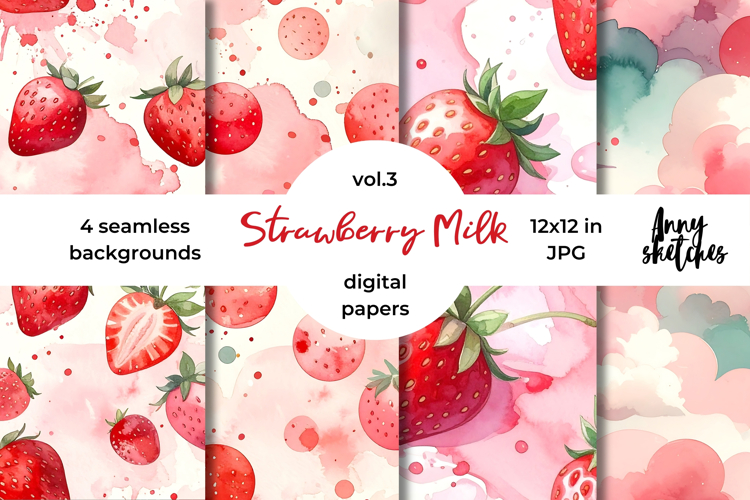 Strawberry Milk Digital Paper Watercolor Seamless Patterns