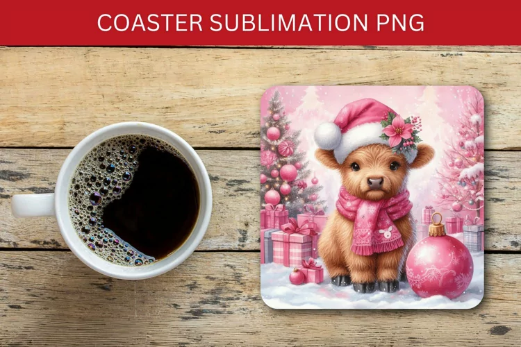 square coaster - pink highland cow