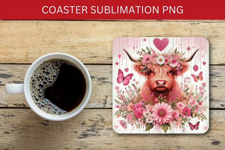 square coaster - floral pink highland cow