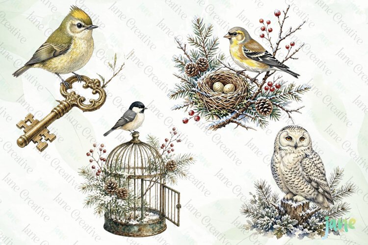 Vintage Winter Bird Clipart example image 1