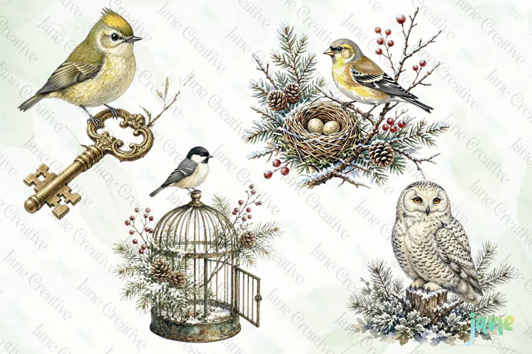 Vintage Winter Bird Clipart