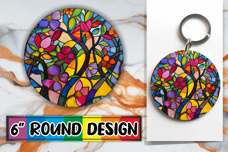 Stained Glass Tree Colorful Keychain Round Design Sublimatio