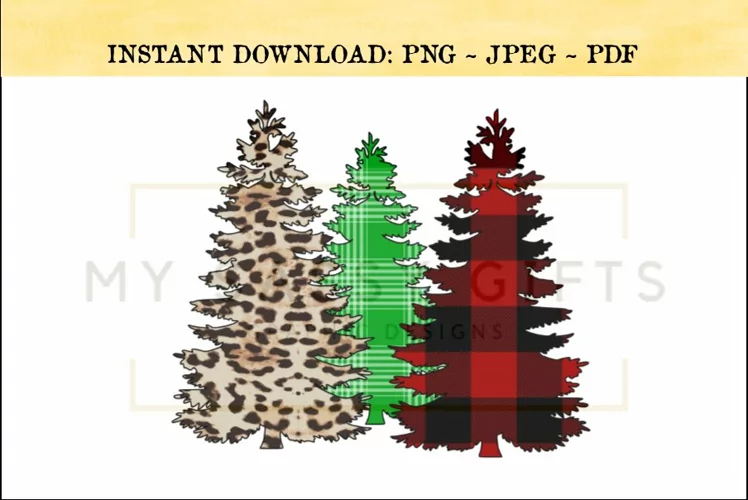 Merry Christmas Trees With Buffalo Plaid Leopard Print PNG