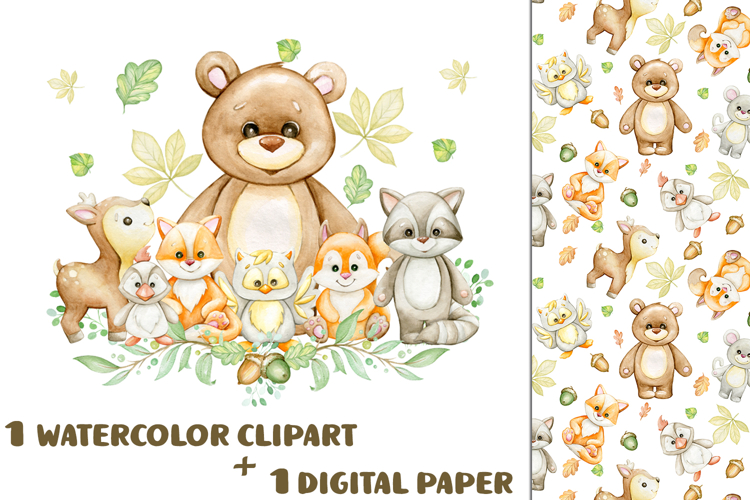 Fall Woodland animals , clipart and seamless pattern