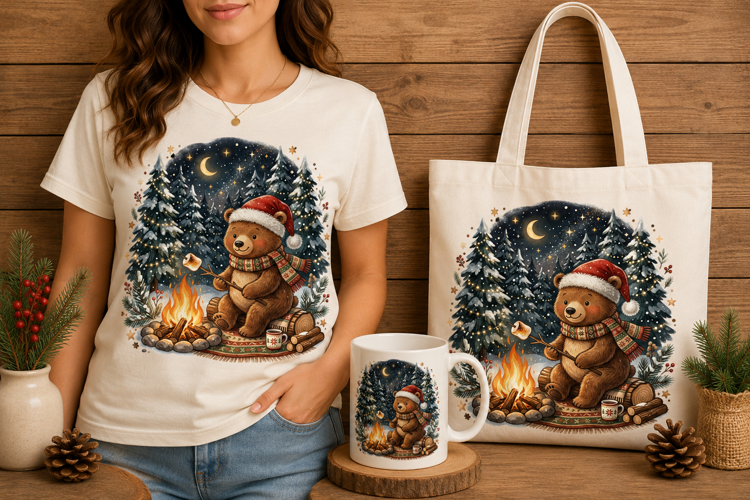 Cute Bear Santa Hat Roasting Marshmallow Christmas Art