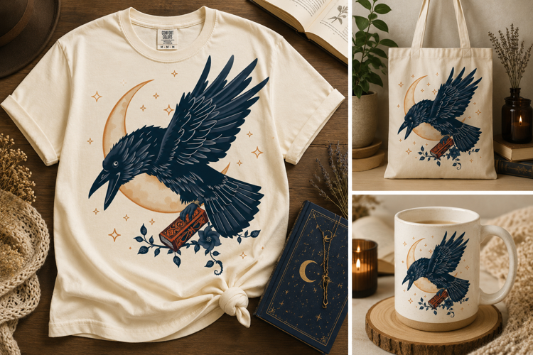 Raven Moon PNG | Gothic Witchy Book Halloween Clipart