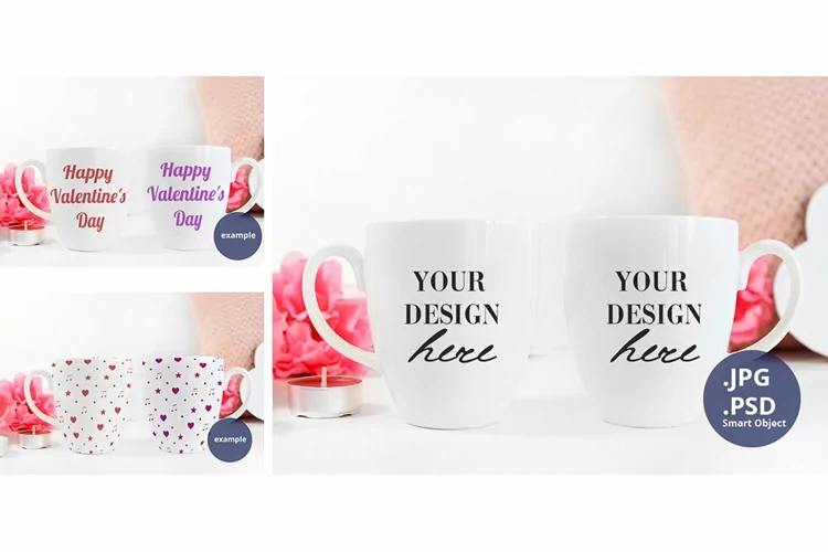 Two Bistro Mugs Mockup Valentine's Day PSD & JPG Full Wrap