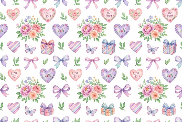 Watercolor Mothers Day icons seamless pattern