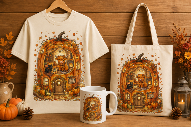 Cozy Pumpkin Lodge Highland Cow Fall Art Print Graphic