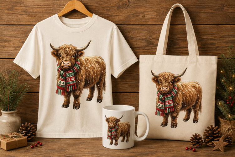 Highland Cow in Festive Winter Scarf Art Print example image 1