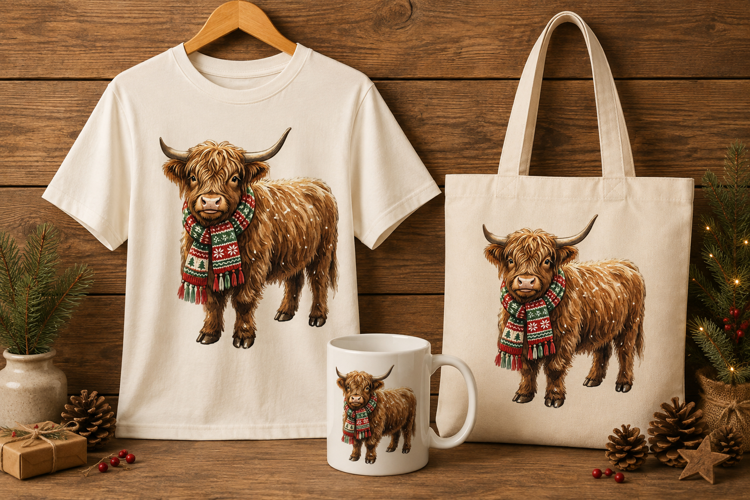Highland Cow in Festive Winter Scarf Art Print