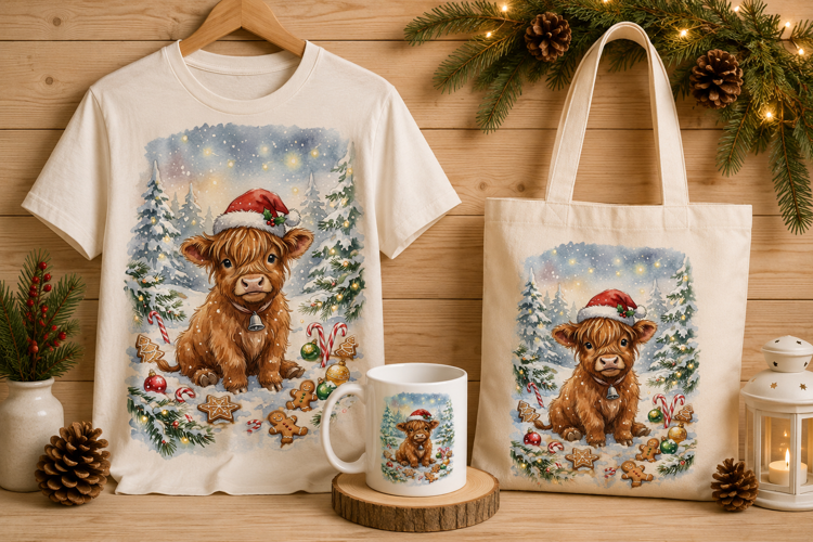 Cute Highland Cow in Snow with Santa Hat Winter Art Print