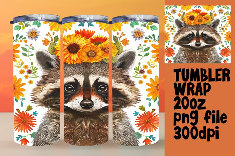 20oz Tumbler Wrap: Raccoon with Colorful Flowers example image 1